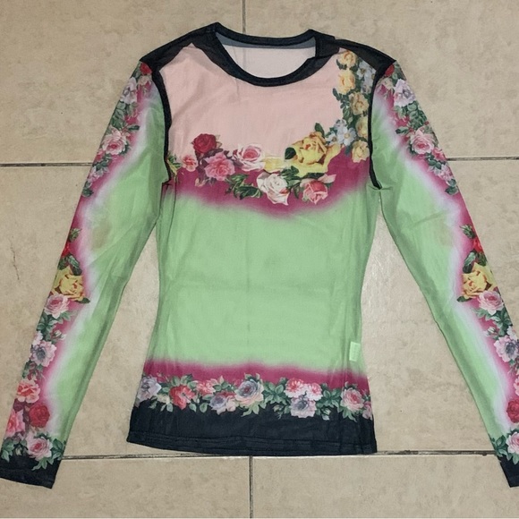 Y2K Floral printed sheer top shirt size S - Picture 1 of 4
